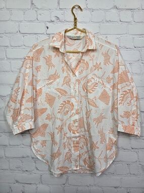 Vintage Diane Von Furstenberg White Button-Down Shirt with Peach Floral Print